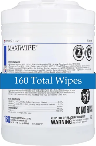 Henry Schein Maxiwipe Toallitas de limpieza de superficies, 6 x 6.75 pulgadas, 160 toallitas/recipiente, 55% alcohol isopropílico, paños desechables