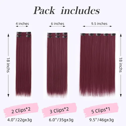Miniatura 4 de Extensiones de cabello sintético con clip, color burdeos de 18 pulgadas de largo, invisibles, gruesas, extensiones de cabello lacio con clips, 5