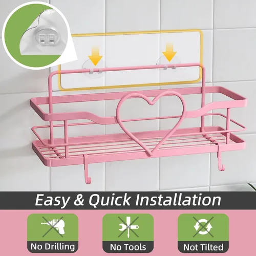Miniatura 5 de Organizador de ducha rosa con 4 ganchos extraíbles, 2 paquetes de estantes de ducha Sweet Heart, estante organizador adhesivo sin perforaciones
