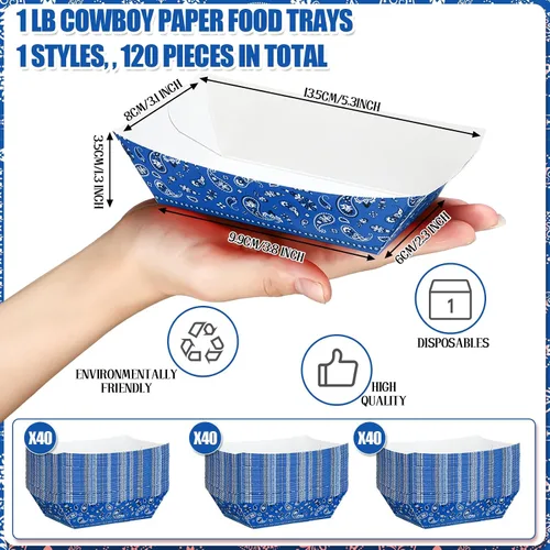 Miniatura 2 de Gejoy 120 platos de fiesta del oeste de 1 libra, platos de vaquero a granel, bandejas de papel para comida de Rodeo Cholo fiesta 250 aniversario Azul