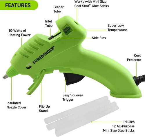 Miniatura 2 de Surebonder Kit de mini pistola de pegamento de 10 W de temperatura ultra baja con 12 barras de pegamento, une materiales delicados como papel, tela