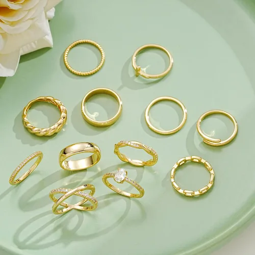 Miniatura 3 de FAXHION 12 piezas de anillos delicados de oro de 14 quilates para mujer, diseños cruzados de diamante simulado con giro grueso abierto de eternidad
