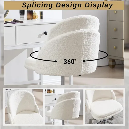 Miniatura 7 de Silla de escritorio de piel sintética, cómoda silla de maquillaje de felpa, moderna silla giratoria tapizada esponjosa con ruedas, base de metal