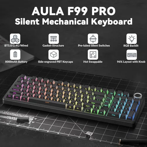 Miniatura 2 de AULA F99 Pro Teclado mecánico inalámbrico - Versión silenciosa, BT5.0/2.4GHz/USB-C Personalizable intercambiable en caliente, Estructura con junta