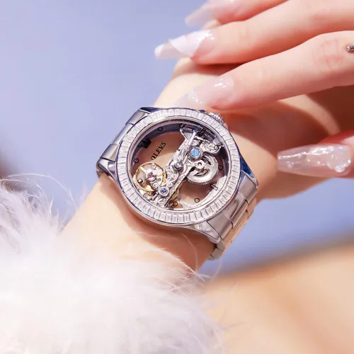 Miniatura 2 de OLEVS Reloj de mujer con diseño de esqueleto, mecánico automático, plateado, de lujo, impermeable, luminoso, para regalo del día de San Valentín