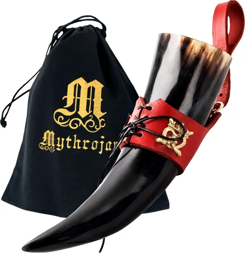 Miniatura 39 de Mythrojan Cuerno vikingo para beber 100% natural, auténtico, decoración de latón, cuerno nórdico con funda de cuero negro, bolsa de lona para vino