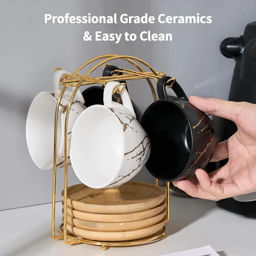 Miniatura 5 de LUKA - Juego de tazas de café de cerámica con platillos y soporte de metal, tazas de capuchino apilables de 8 oz de porcelana para té, espresso