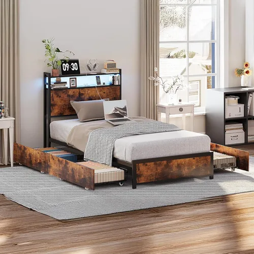 Miniatura 16 de VINGLI Base de cama LED Queen con 4 cajones de almacenamiento y estante de cabecera ajustable, plataforma de metal con estación de carga para niños