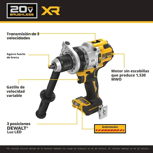 Miniatura 3 de DEWALT Kit de taladro de martillo inalámbrico de 1/2 pulgada MAX XR de 20 V con batería de 8 Ah y cargador (DCD1007WW1)