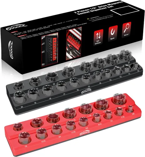Miniatura 9 de GOOACC Organizador Magnético de Dados de 3/8", 2 Piezas Métrico y SAE Soportes de Dados de 3/8 pulgadas Bandeja Organizadora de Dados Sostiene 56