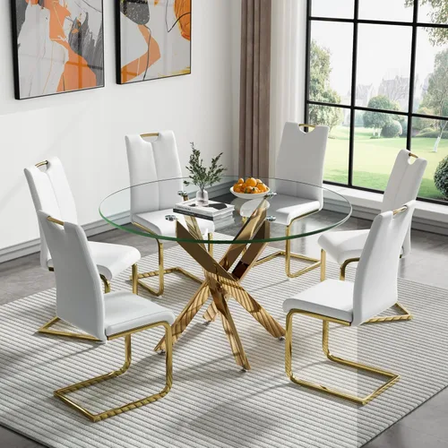 Miniatura 71 de Juego de mesa de comedor redonda de 3 piezas para 2, mesa de cocina moderna de vidrio plateado y sillas para 2 con sillas tapizadas, juego de mesa