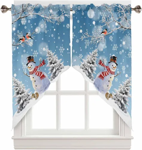 Miniatura 13 de BEMIGO Cortinas de cocina de Navidad, lindas cortinas de granja con muñeco de nieve azul, cenefa con bolsillo para barra de copos de nieve