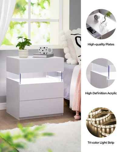 Miniatura 3 de Bingoday Moderna mesita de noche LED con 3 cajones, mesita de noche con luces LED ajustables, mesa auxiliar de almacenamiento grande para Blanco