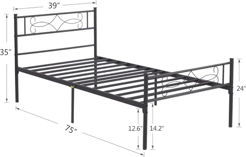 Miniatura 2 de VECELO Marco de cama de plataforma de metal de tamaño individual de 14 pulgadas con cabecero, soporte de listones de acero de alta calidad,