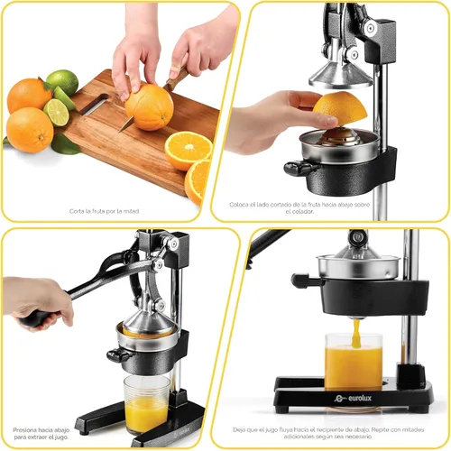 Miniatura 9 de Eurolux Exprimidor de hierro fundido ultra premium, extra grande, resistente, grado comercial, prensa manual de acero inoxidable, exprimidor de Negro