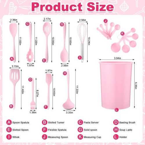 Miniatura 4 de Juego de 29 utensilios de cocina rosados, accesorios de decoración de cocina con utensilios de cocina de silicona, guantes de horno, paños