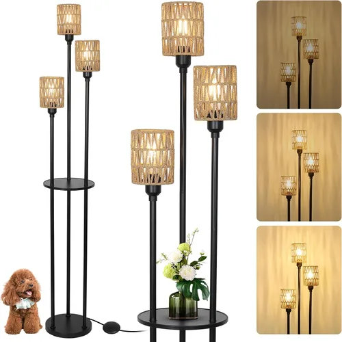 Miniatura 13 de Lámpara de pie bohemia con estantes, lámpara de pie alta de granja de 3 luces con interruptor de pie de encendido/apagado, lámparas de pie modernas