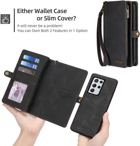 Miniatura 5 de Asuwish Funda de teléfono para Samsung Galaxy S21 Ultra 5G con cremallera, funda desmontable con protector de pantalla de vidrio templado