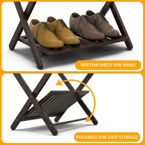 Miniatura 7 de Juego de 2 portaequipajes de bambú, totalmente montado, para habitación de invitados, soporte plegable para maleta con estante para zapatos, soporte