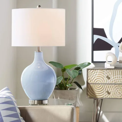 Miniatura 8 de Color + Plus Lámpara de mesa moderna de 28.5 pulgadas de alto, cristal azul Mónaco OVO blanco con pantalla de tambor de lino para sala de estar