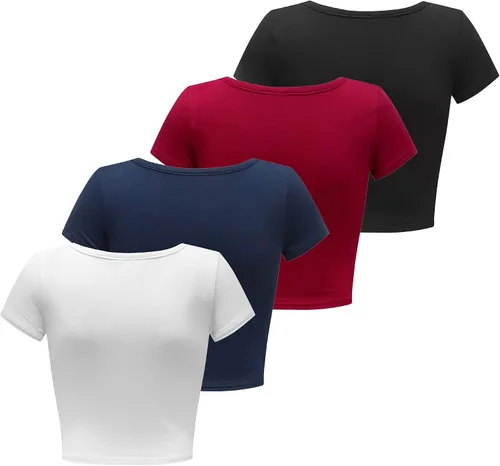Miniatura 3 de Camisetas cortas básicas de 4 piezas para mujer, cuello redondo, manga casquillo