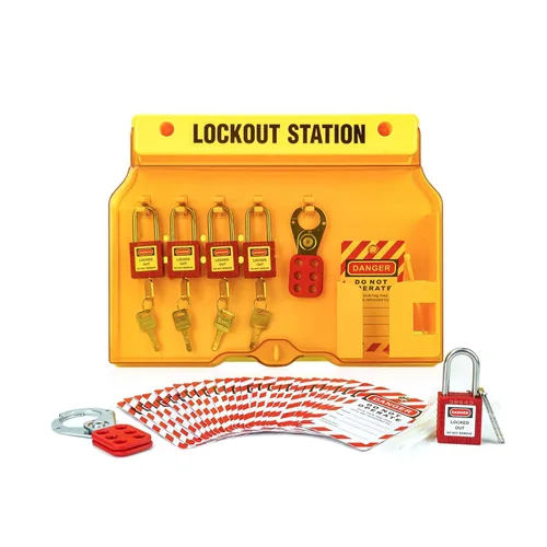 Estación de etiquetado de bloqueo con dispositivos Loto – 5 candados de seguridad, 2 cerrojos, 25 etiquetas de bloqueo, 25 lazos de nailon, kit de