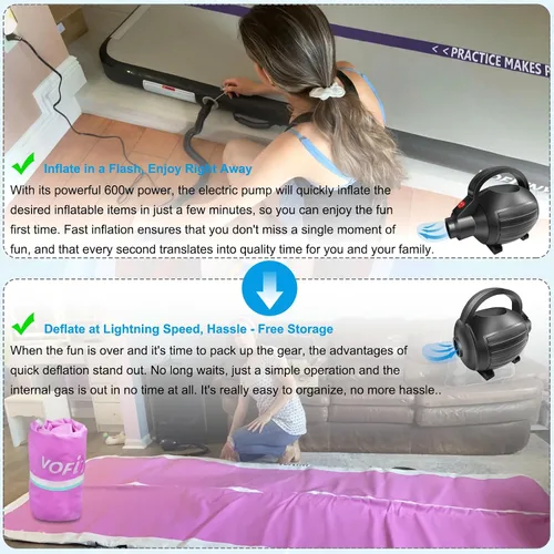 Miniatura 8 de VOFiTNY Bomba de aire eléctrica para inflables, bomba de colchón de aire de 600 W, bomba de cama portátil para colchoneta de gimnasia, piscina