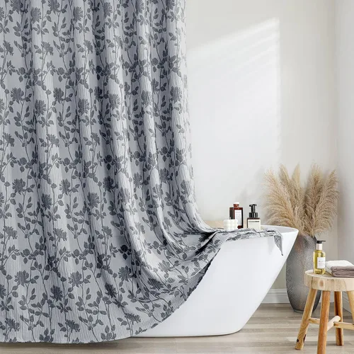 Miniatura 5 de OVZME Cortina de ducha floral negra de 72 pulgadas de largo, cortina de baño de textura arrugada y gruesa de calidad hotelera, decoración de baño