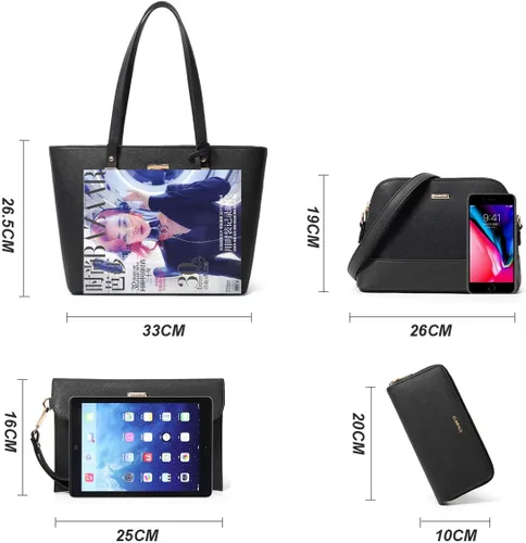 Miniatura 82 de Juego de 4 bolsas modernos para mujer de cuero sintético: bolso tote, bolso de hombro, bolso de mano y cartera.