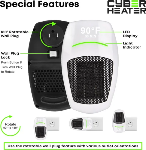 Miniatura 4 de Cyber Heater - Calentador portátil para uso en interiores, elegante y compacto con control remoto, cerámica eléctrica de 500 W para dormitorio