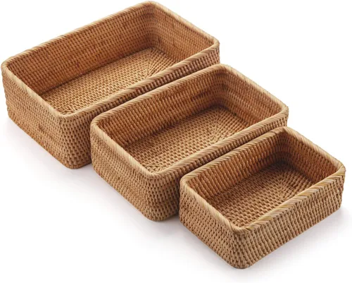 Cestas de almacenamiento de frutas de ratán natural rectangulares de mimbre tejido para portallaves y control remoto, apilables, naturales, juego de