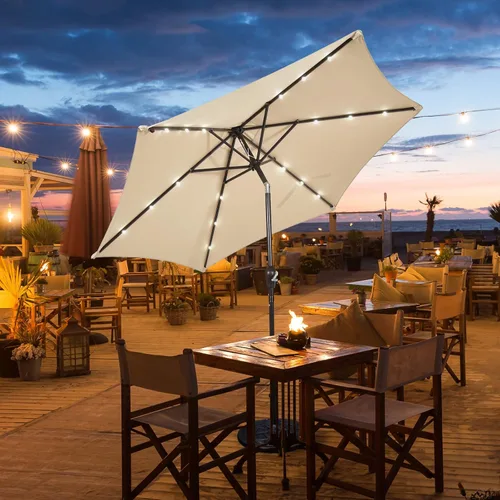 Miniatura 3 de Tangkula Sombrilla solar de patio de 9 pies, sombrilla de mercado de mesa al aire libre con 18 luces LED, ajuste de inclinación, mango de manivela