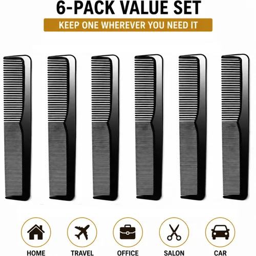 Miniatura 6 de Juego de 6 peines de peluquería profesionales de 9 pulgadas para hombres y mujeres, peine de dientes finos y anchos, peine de corte desenredante