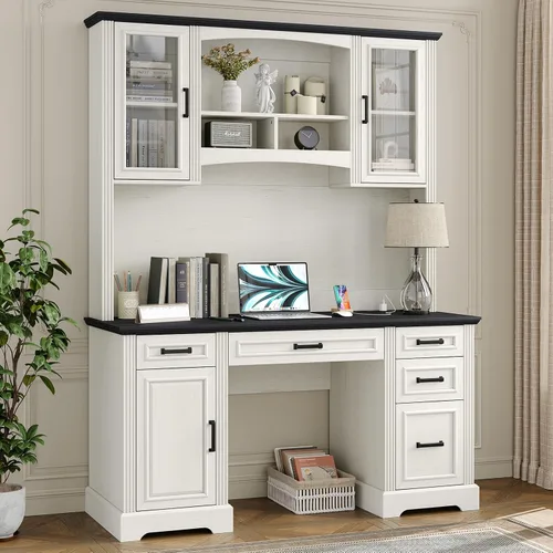 Miniatura 9 de Furniouse Escritorio ejecutivo de 58 pulgadas, escritorio para computadora de granja con cajones y gabinete con estación de carga, escritorio