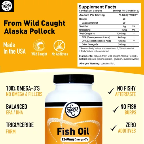 Miniatura 2 de TGS Suplemento de aceite de pescado Omega 3 extra fuerte – 1260 mg EPA DHA para hombres y mujeres – Ácidos grasos omega 3 puros sin erupciones