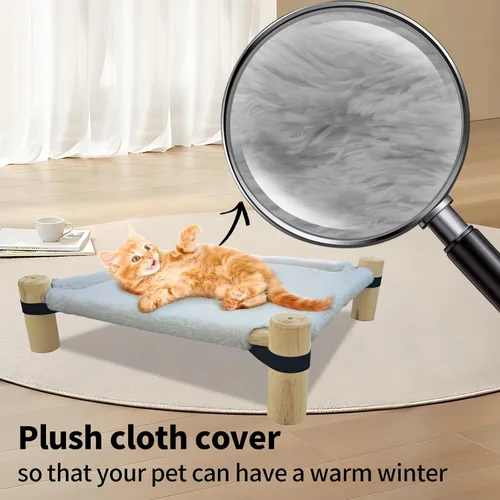 Miniatura 3 de Pozico Cama hamaca para gatos – Cama elevada de madera para gatos/perros con tela de invierno de felpa – Mueble elevado para mascotas para perros