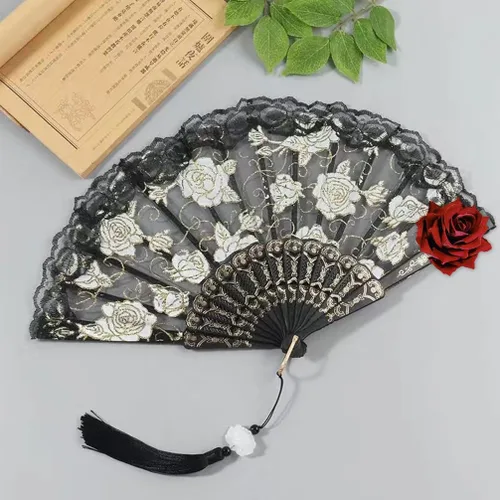 Miniatura 7 de Abanico de mano negro de Halloween de encaje rosa de mano, vintage retro flor española, gran abanico plegable para mujeres, regalo de baile