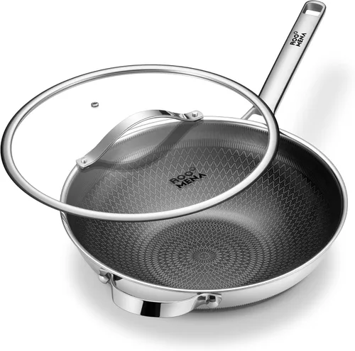 Sartén wok con tapa, cerámica híbrida de 13 pulgadas, woks y sartenes para saltear de acero inoxidable de tres capas, antiadherente, no tóxico,