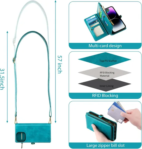 Miniatura 5 de Funda tipo cartera para iPhone 13 con tarjetero (12 ranuras para tarjetas), funda de piel sintética para mujeres y hombres, carga inalámbrica