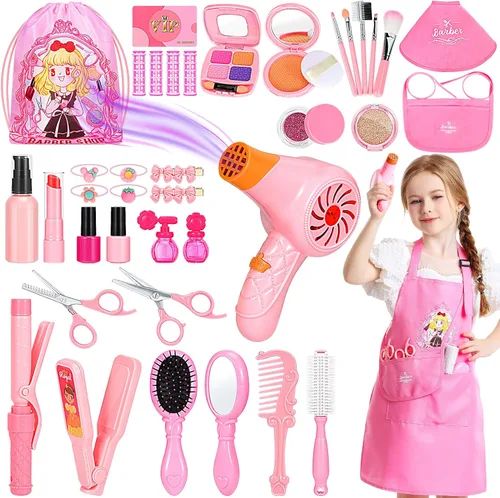 Juguetes de Peluquería para Niñas, Set de 39 Piezas de Maquillaje de Simulación, Kit de Peluquería y Belleza con Secador de Pelo, Delantal de