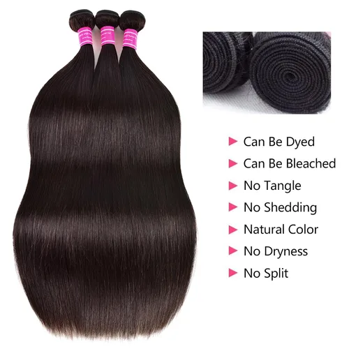 Miniatura 2 de Extensiones de cabello humano lacio 10A 100% sin procesar, cabello virgen brasileño, lacio, 3 paquetes de 16, 18, 20 pulgadas, extensiones