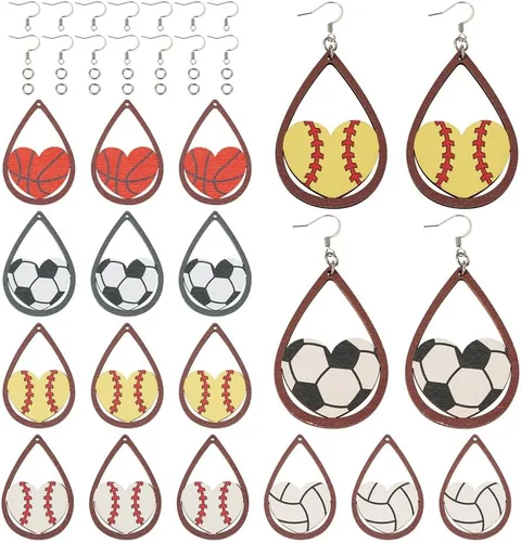 Miniatura 7 de Juego de 20 piezas de aretes de bola deportiva para fútbol, baloncesto, rugby, dijes de madera, 5 estilos, aretes de bola deportiva con ganchos