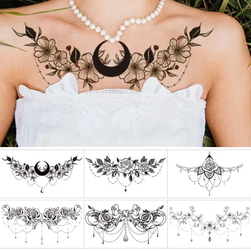 Miniatura 2 de Glaryyears Tatuajes temporales para el pecho y debajo del seno para mujeres adultas, paquete de 6, tatuajes falsos negros realistas grandes de larga