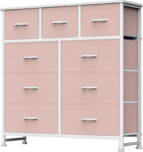 Miniatura 15 de DUMOS Cómoda para dormitorio, organizador de almacenamiento con 9 cajones, cómoda con cubos de tela, marco de metal resistente, mesa de madera