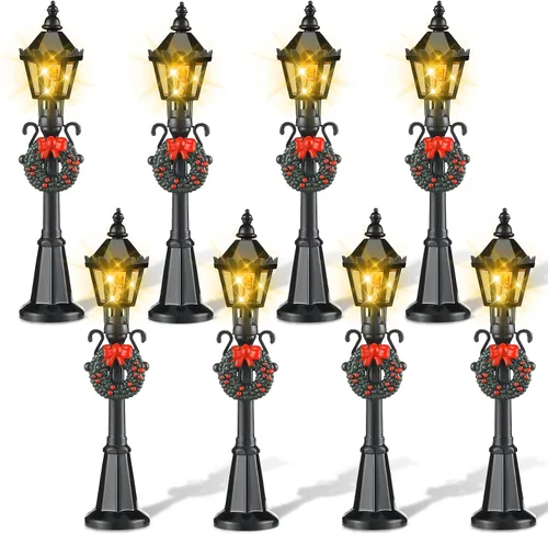 Miniatura 8 de Accesorios de pueblo para lámpara de Navidad en miniatura, poste de lámpara de pueblo, lámpara de hadas del pueblo, farol de tren, lámparas de calle