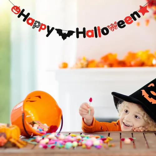 Miniatura 3 de JSDJ Cartel de Feliz Halloween, guirnalda de fieltro con decoraciones de calabaza araña, suministros de fiesta para uso en interiores, pared