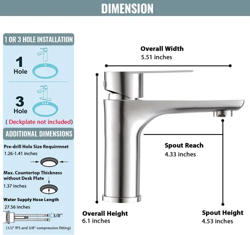 Miniatura 6 de BF019L - Grifo de baño de un solo agujero, grifos de baño de acero inoxidable, grifo de lavabo de baño comercial de níquel cepillado, grifo