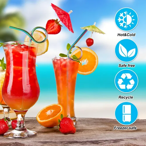 Miniatura 4 de Gejoy 8 popotes reutilizables de acero inoxidable con diseño curvado, con 2 cepillos de limpieza, tubos de metal multicolor para niños y adultos jugo