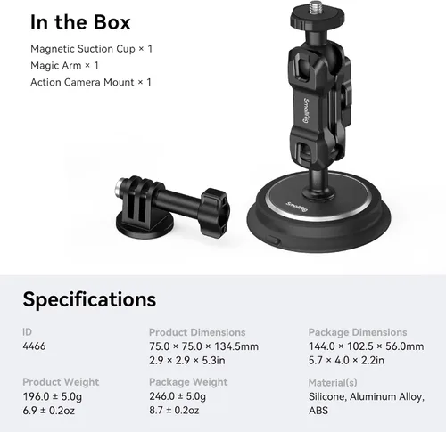 Miniatura 11 de SMALLRIG Soporte magnético para GoPro Hero 13/12/11, potente cámara de montaje exterior con cabeza de bola de rotación de 360°, brazo mágico