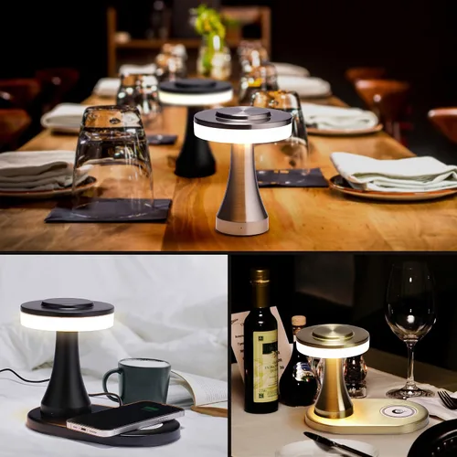 Miniatura 5 de O'Bright - Lámpara de mesa LED portátil con almohadilla de carga inalámbrica, lámpara de noche regulable y recargable, luz ambiental para Oro